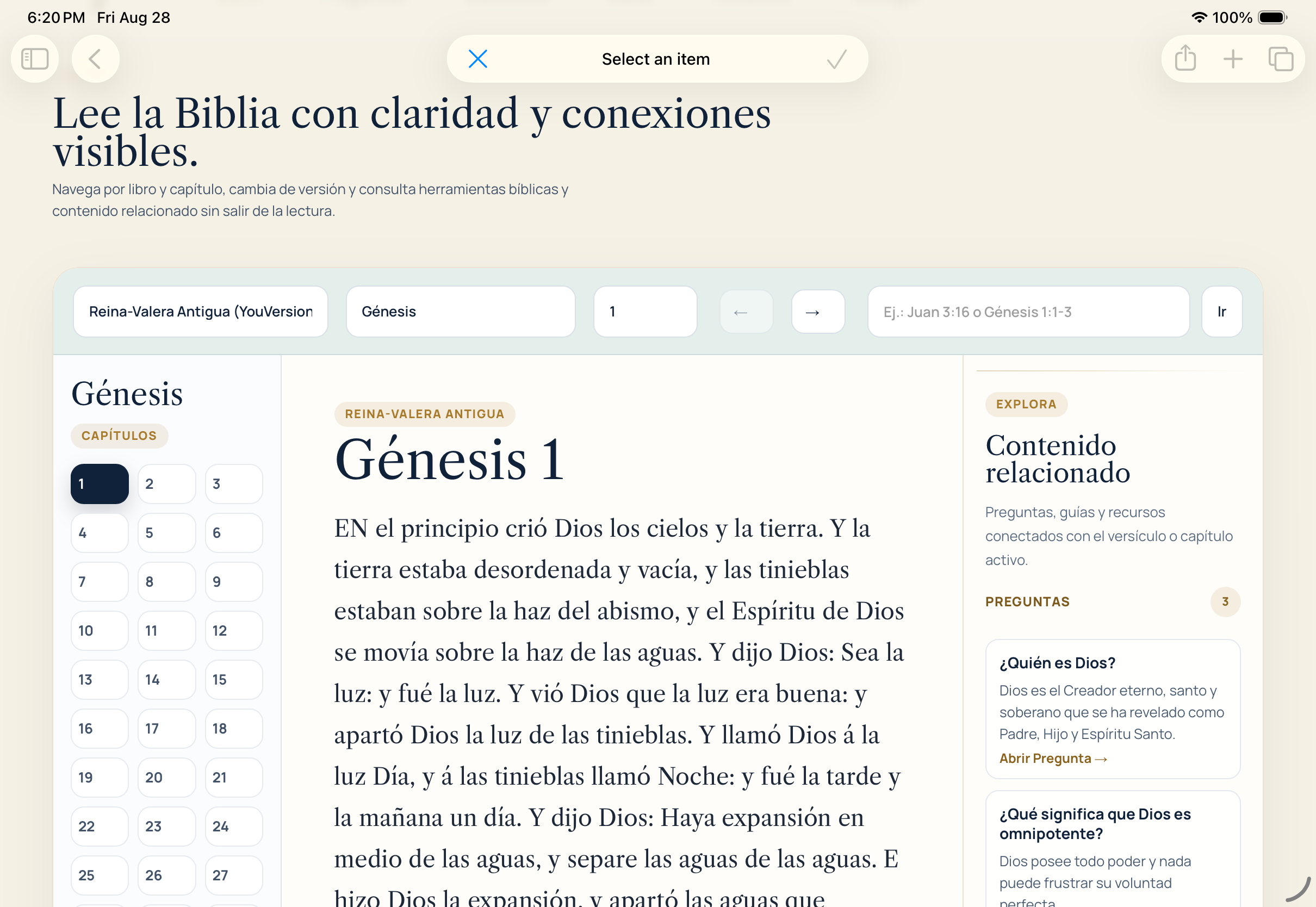 Vista de Papyros: Génesis 1 y contenido relacionado
